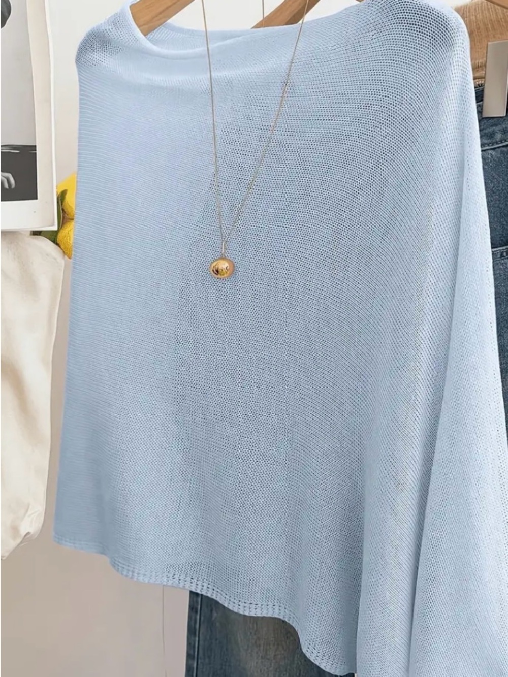 Light Blue Women's Knit Sweater Poncho - Soft Lightweight Pullover NWOT